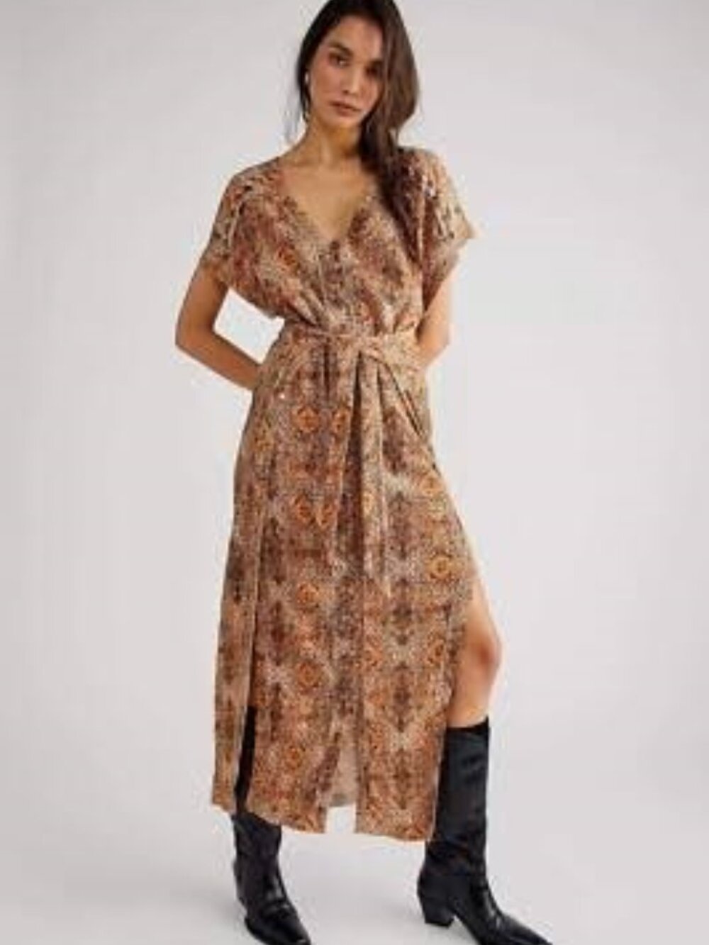 Free People Farrah midi wrap Dress tie high slit embellished short sleeve sz M/L